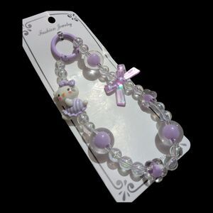 Kawaii Purple Beaded Keychain Bag Charm w/ Bow & Kitty Charm Cute Pastel